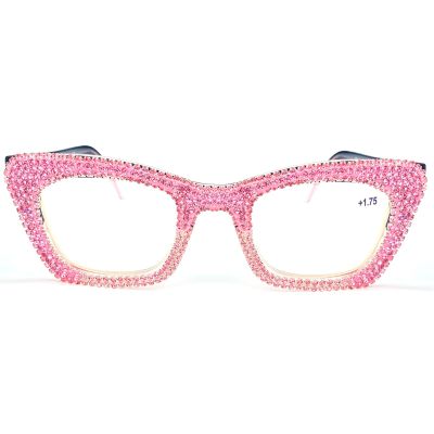 mincl Oprah style Bling Rhinestone Square Reading Glasses For Women Shiny Diamond Blue Light Blocking Eyeglasses (pink, 2, x)