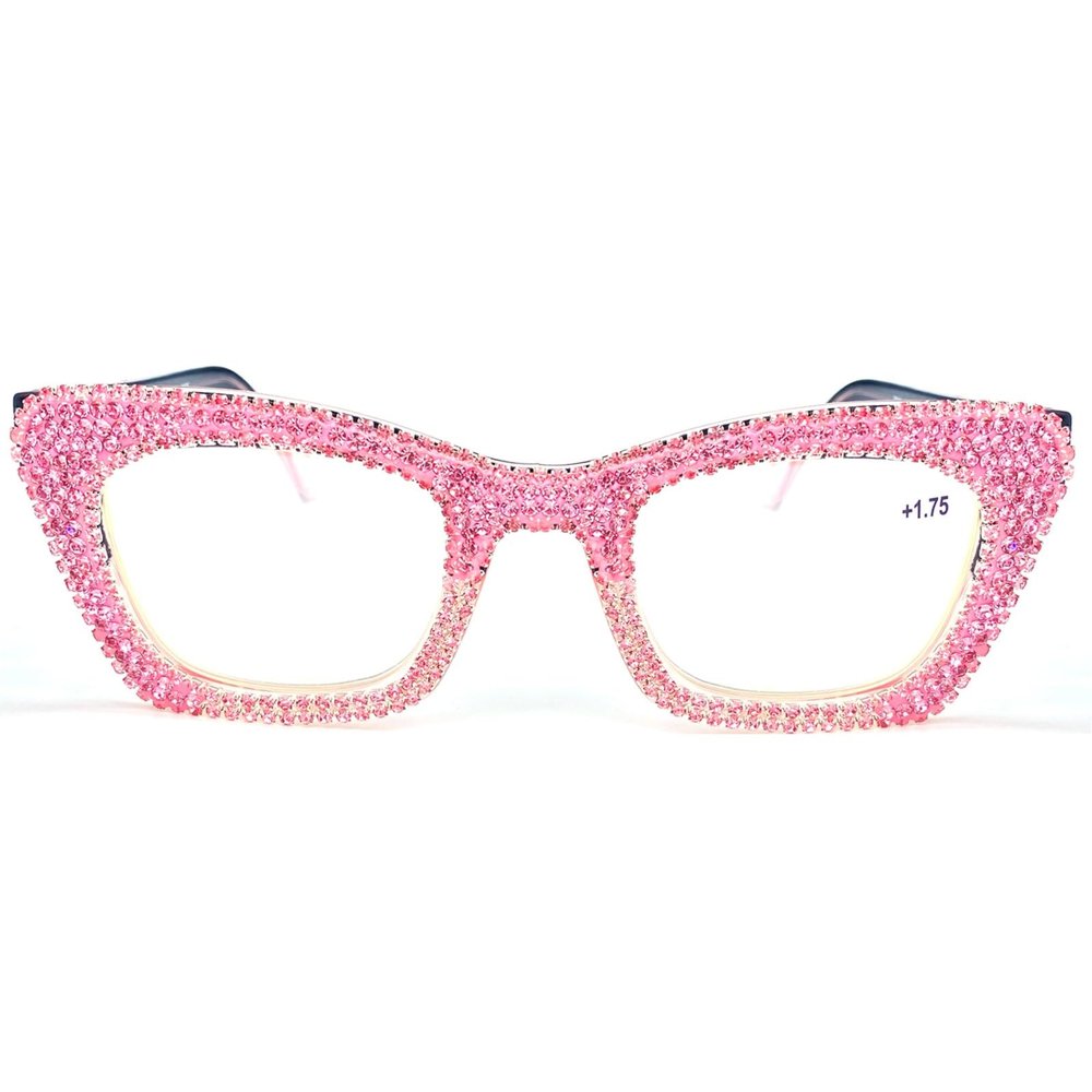 mincl Oprah style Bling Rhinestone Square Reading Glasses For Women Shiny Diamond Blue Light Blocking Eyeglasses (pink, 2, x)