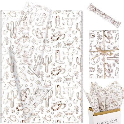 100Pcs 20 14 Inches Western Tissue Paper for Gift Bags Cowboy Boots Hat Cactus Printed Tissue Paper for Gift Wrapping for Birthday Party Baby Shower DIY Craft (Brown)
