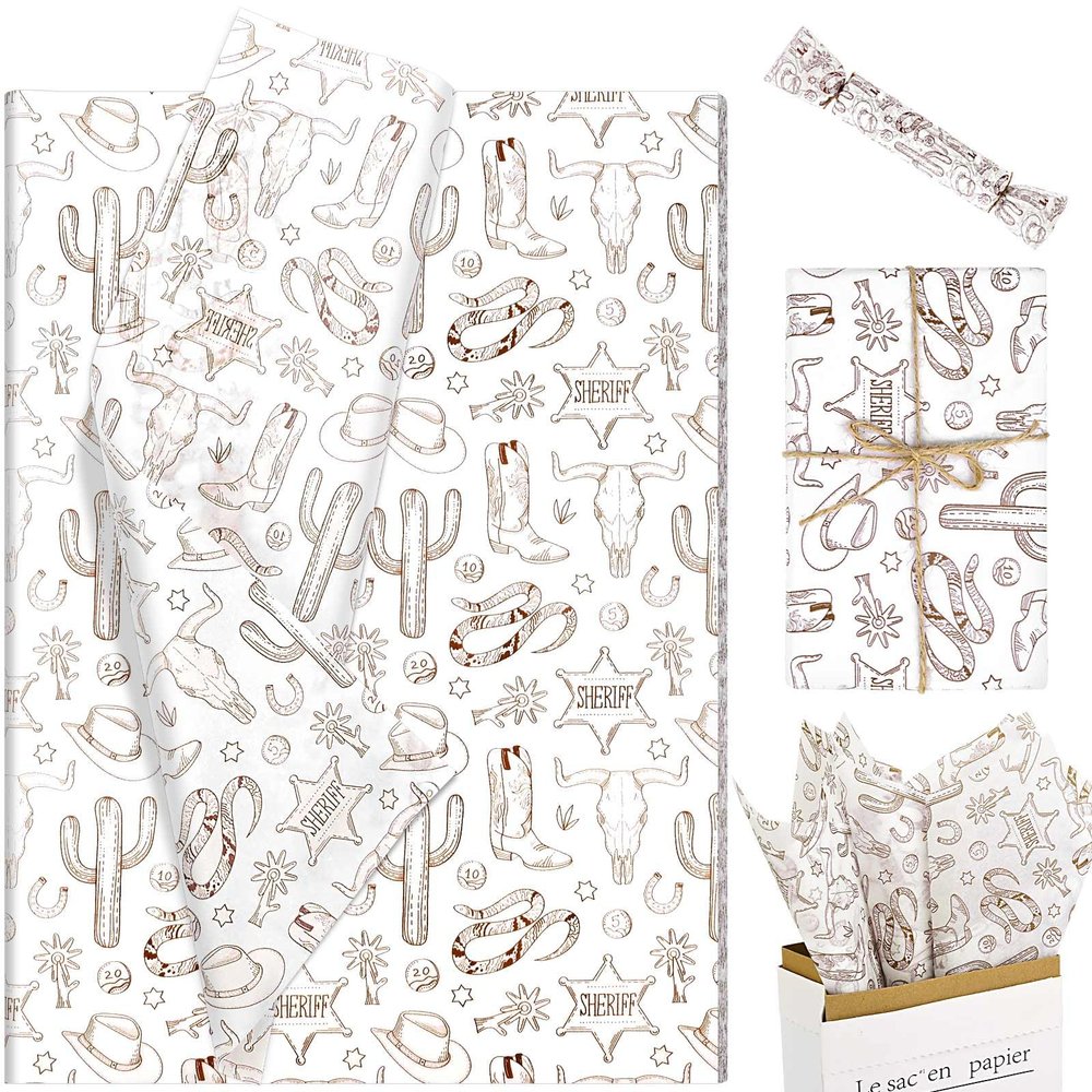 100Pcs 20  14 Inches Western Tissue Paper for Gift Bags Cowboy Boots Hat Cactus Printed Tissue Paper for Gift Wrapping for Birthday Party Baby Shower DIY Craft (Brown)