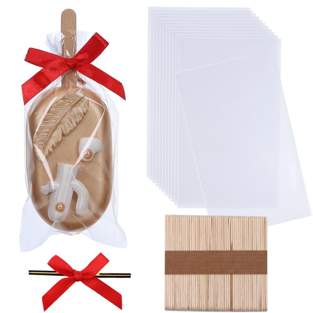 100Pack 3x6Inches Cakesicle Bags (with Ribbon Bowknot & Sticks) Clear Cellophane Bags for Bakery & Party FavorRice Krispie Treat/Brownie/Macaron/Soap/Gift Truffle