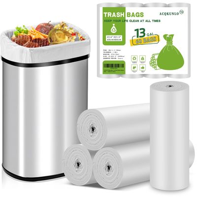 13 Gallon Garbage-Bags Tall Kitchen Compostable-Trash-Bag - White Biodegradable Unscented 60 Count Large Recycling Compactor Big Outdoor Liners Waste Basket Acqkunlo