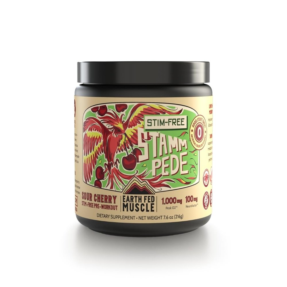 Earth Fed Muscle Stammpede Sour Cherry Pre Workout Powder for Men & Women, Pre Workout No Caffeine, Vegan & Gluten Free, Boosts Focus & Endurance, Lions Mane, Taurine, Peak O2, 30 Servings
