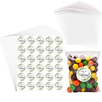 AIOMOB 100 Set Thank You for Celebrating with Us Stickers Candy Bags Greeny Wedding Favor Stickers 4x6 Inches Self Sealing Cellophane Bags for Wedding Favor Labels Guest Welcome Bag Stuffers Bulk