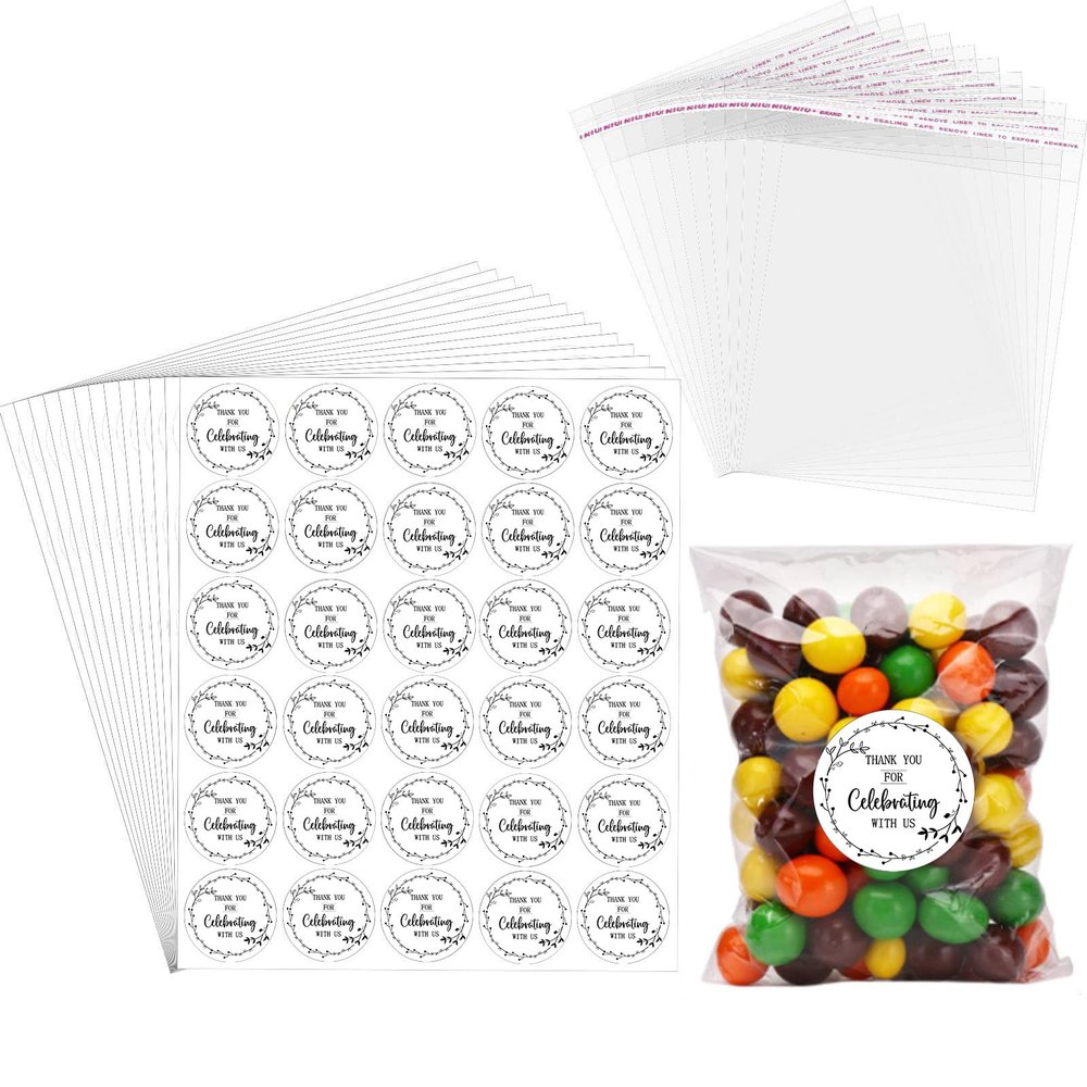 AIOMOB 100 Set Thank You for Celebrating with Us Stickers Candy Bags Minimalist Wedding Favor Stickers 4x6 Inches Self Sealing Cellophane Bags for Wedding Favor Labels Guest Welcome Bag Stuffers Bulk