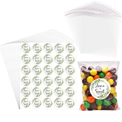 AIOMOB 100 Set Love is Sweet Stickers Candy Bags Wedding Favor Stickers 4x6 Inches Self Sealing Cellophane Bags for Wedding Favor Labels Guest Welcome Bag Stuffers Bulk