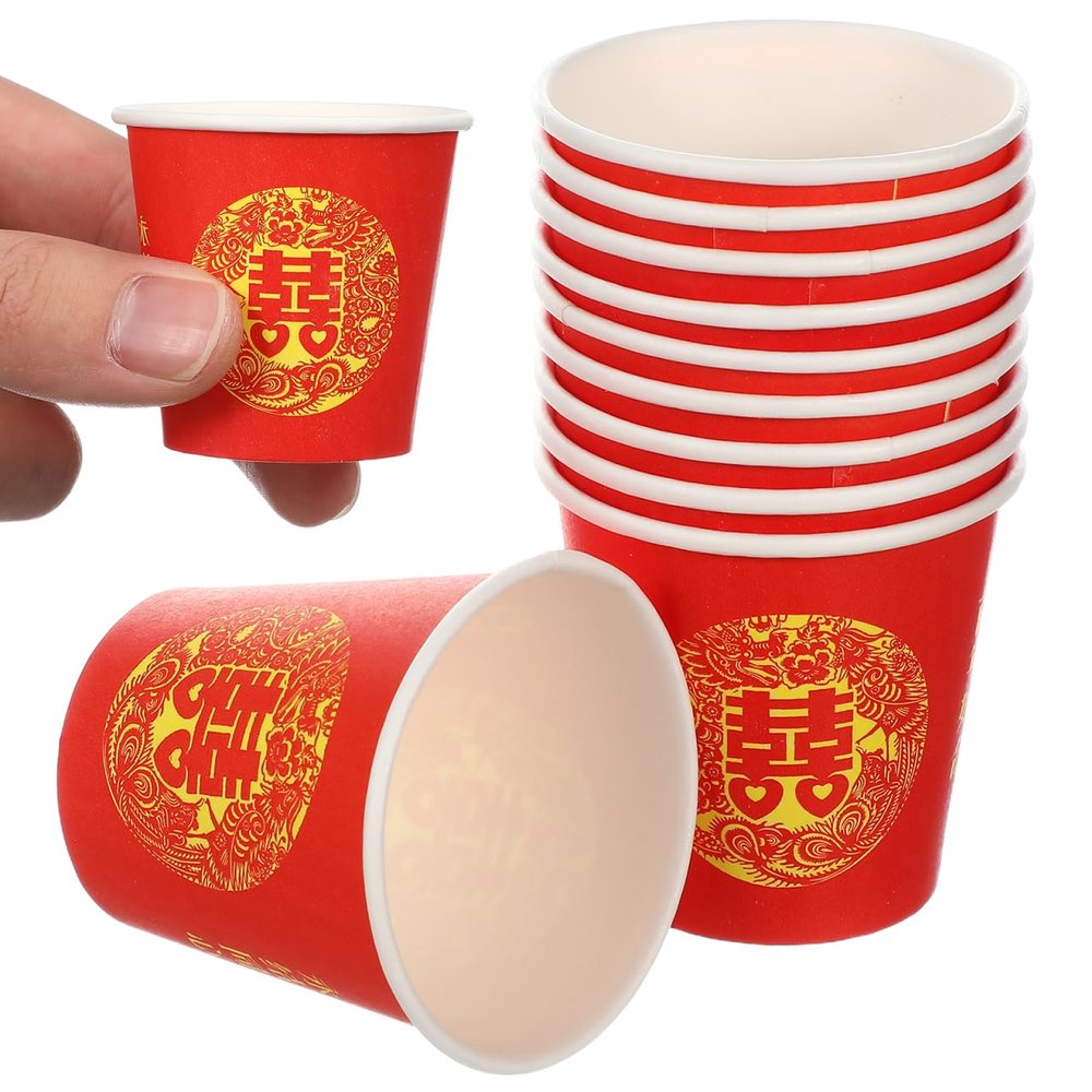 Ipetboom 100pcs Chinese Wedding Paper Cups for Hot Cold Drinks, Double Happiness Beverage Paper Cups for Chinese Wedding Party Birthday Anniversary Christmas, Red