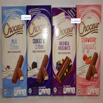 Choceur Milk Chocolate Bars Milk Crme, Cookies N Creme, Raisin & Nut, Strawberry Yogurt Smooth Creamy European Chocolate 7.1oz 200g (Four Packs)