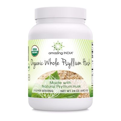 Amazing India USDA Organic Whole Psyllium Husk Powder Supplement | 5 Grams Per Serving | Non-GMO | Gluten Free | Made in USA (24 Oz | 1 Pack)