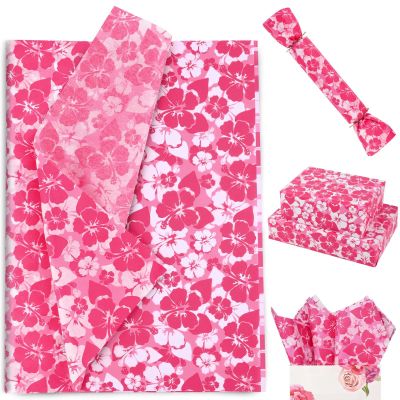 100 Sheets 20 * 14 Inches Hawaiian Tissue Paper for Gift Bags Pink Hibiscus Printed Tissue Paper for Gift Wrapping for Tropical Themed Bridal Shower Party Birthday Party Summer Holidays DIY Craft