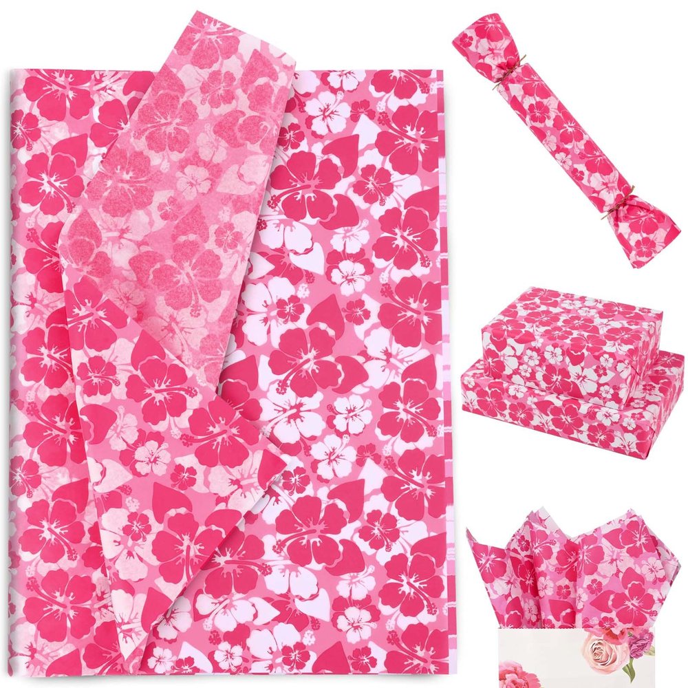100 Sheets 20 * 14 Inches Hawaiian Tissue Paper for Gift Bags Pink Hibiscus Printed Tissue Paper for Gift Wrapping for Tropical Themed Bridal Shower Party Birthday Party Summer Holidays DIY Craft