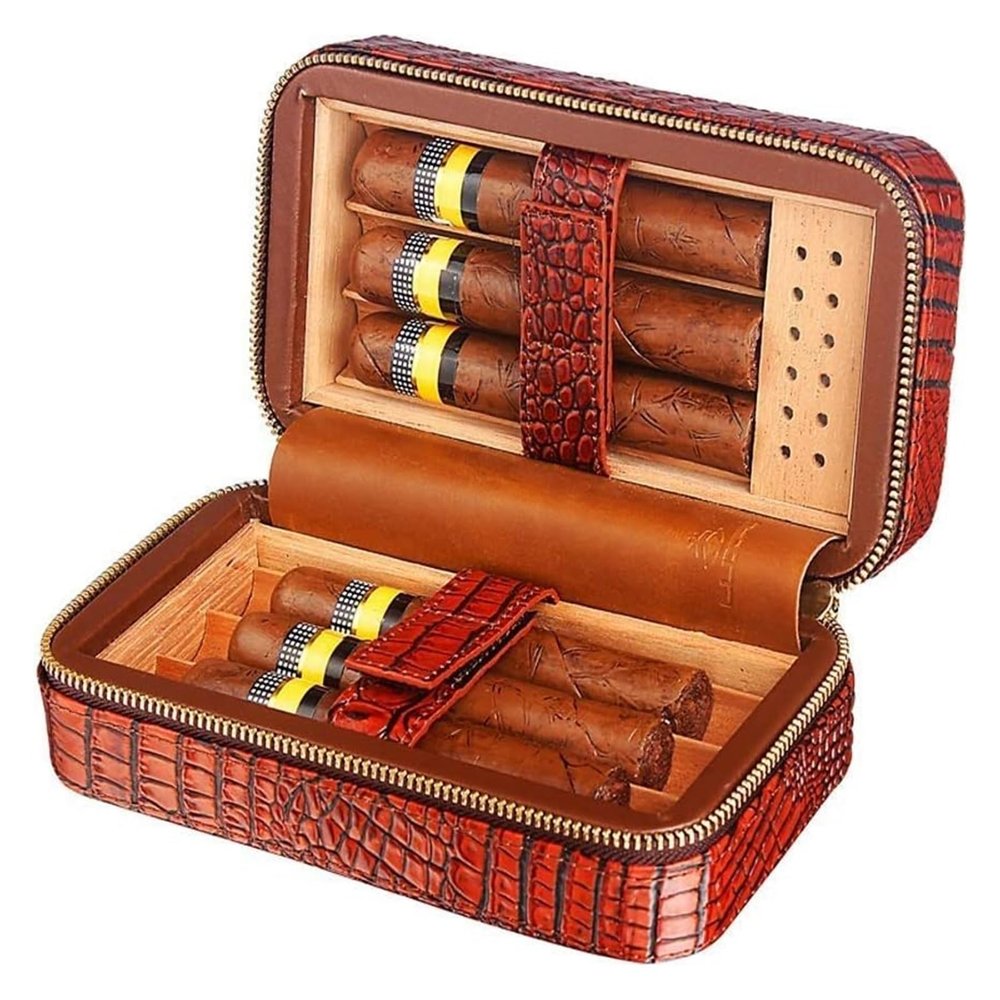 Cigar Humidor Cigar ash Tray Cigar Case Travel Genuine Leather Humidor, Cedar Wood Lined with Humidifier and Removable Trays, Light Weight