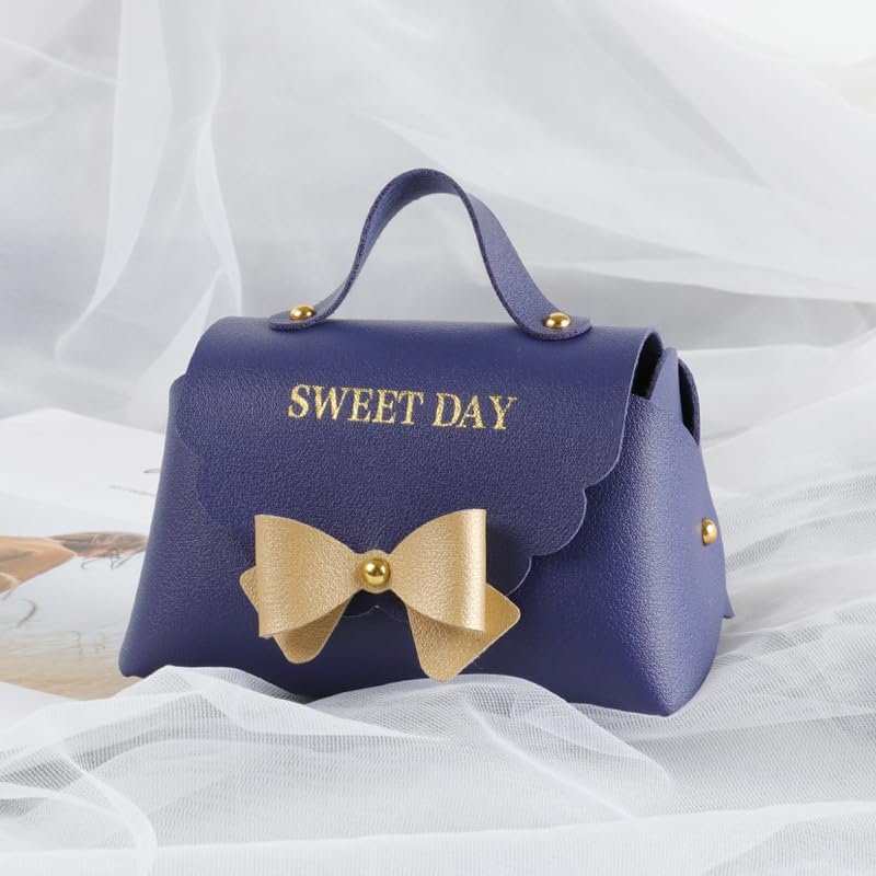 10 Pack PU Leather Bowknot Gift Boxes 5 x3.5 Inch Reusable Candy Gift Favor Boxes with Bow Mini Bowknot Handbag Purse Gift Bags with Handles for Wedding Baby Shower Birthday Christmas Party Favor Bag (Navy Blue)