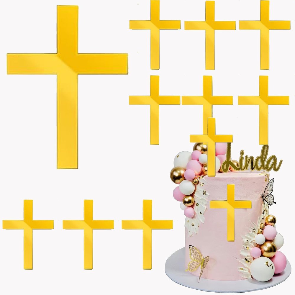 10 PCS Baptism Cake Toppers Cross Cupcake Toppers Mirror Acrylic Cake Topper Baptism Christian Party Cake Decorations