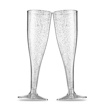 100 Plastic Champagne Flutes - 5 Oz Disposable Silver Glitter Champagne Glasses for Parties, Mimosa Bar, Events, Wedding and Shower Party Supplies - Toasting Cocktail Cups