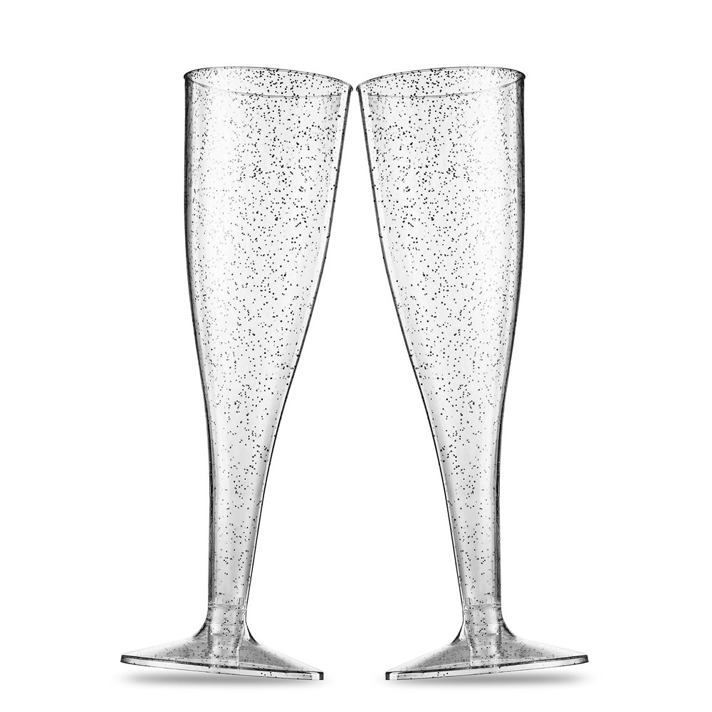 100 Plastic Champagne Flutes - 5 Oz Disposable Silver Glitter Champagne Glasses for Parties, Mimosa Bar, Events, Wedding and Shower Party Supplies - Toasting Cocktail Cups