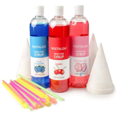 Nostalgia Snow Cone Syrup Variety Pack 3 Flavors, 16-oz Bottles: Blue Raspberry, Cherry, Cotton Candy Paper Cups & Colored Spoon Straws Great for Birthdays, Pool Parties, and BBQs