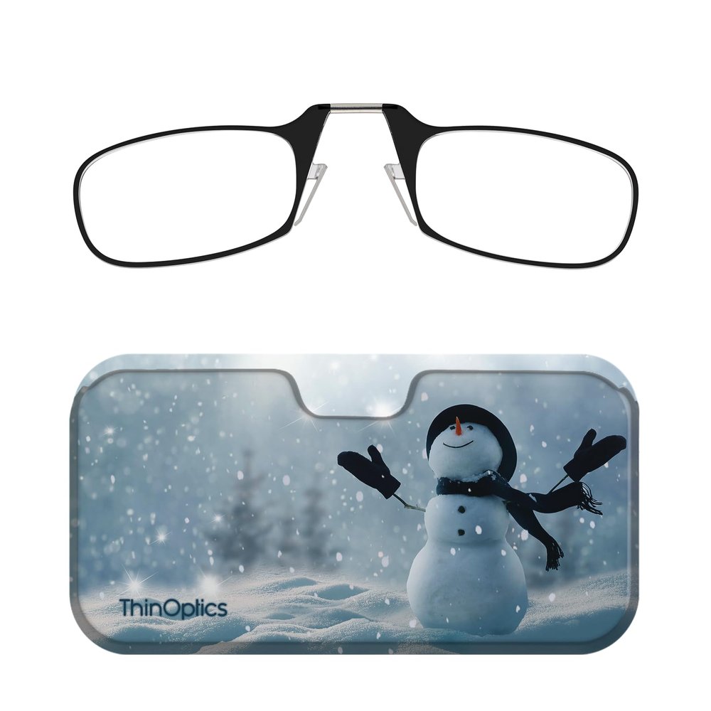 Always With You ThinOptics Readers - Armless On-Nose Reading Glasses - Slim Printed Case Attaches to Phone or Fits in Wallet - Snowman 1.5x