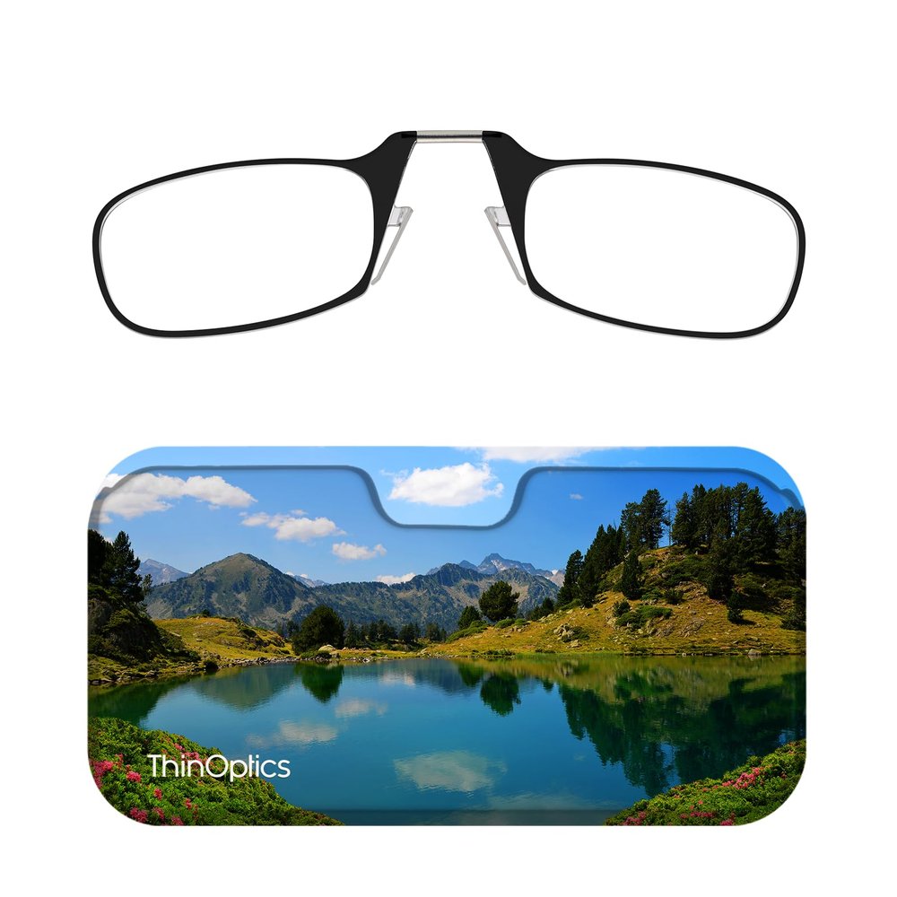 Always With You ThinOptics Readers - Armless On-Nose Reading Glasses - Slim Printed Case Attaches to Phone or Fits in Wallet - Mountain Lake 1.0x