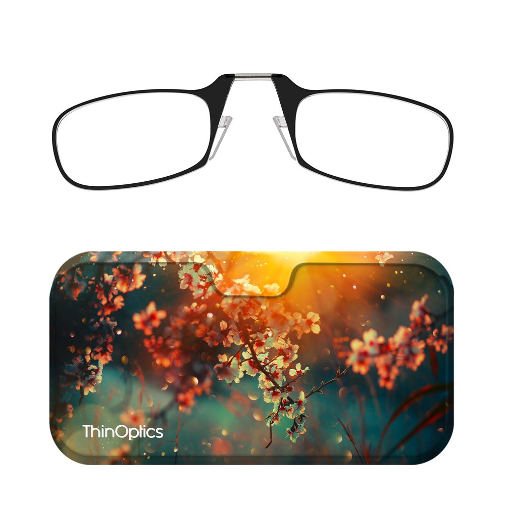 Always With You ThinOptics Readers - Armless On-Nose Reading Glasses - Slim Printed Case Attaches to Phone or Fits in Wallet - Cherry Blossom 2.0x