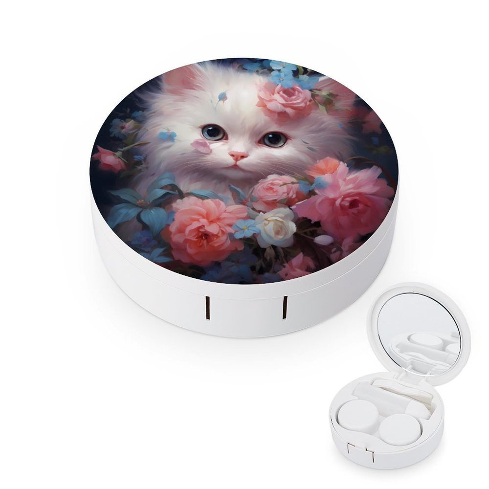 Animals Kitten Cat Flowers Contact Lens Travel Kit Portable Cute Contact Box with Mirror for Daily Outdoor, style