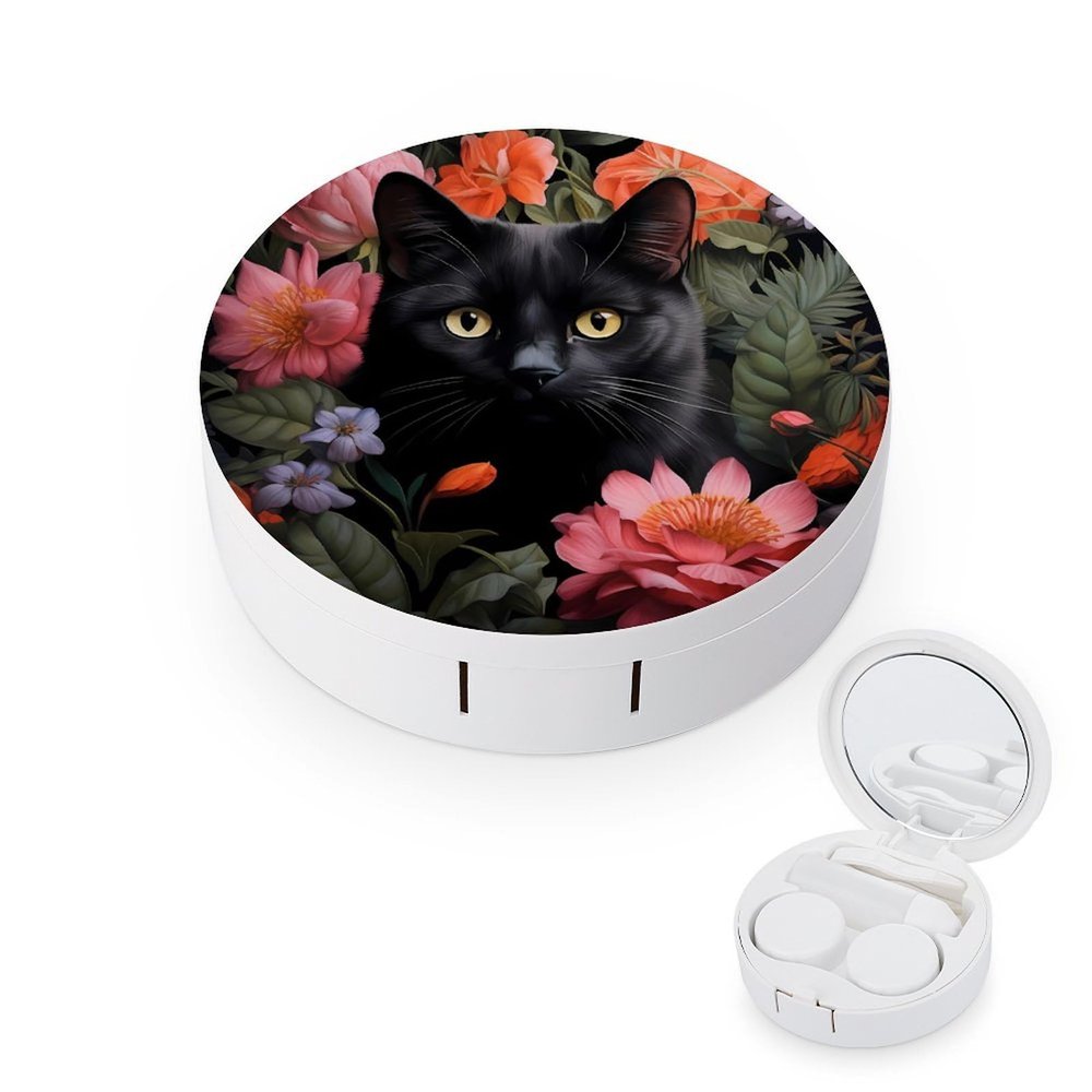 Black Cat and Flowers Contact Lens Travel Kit Portable Cute Contact Box with Mirror for Daily Outdoor, style