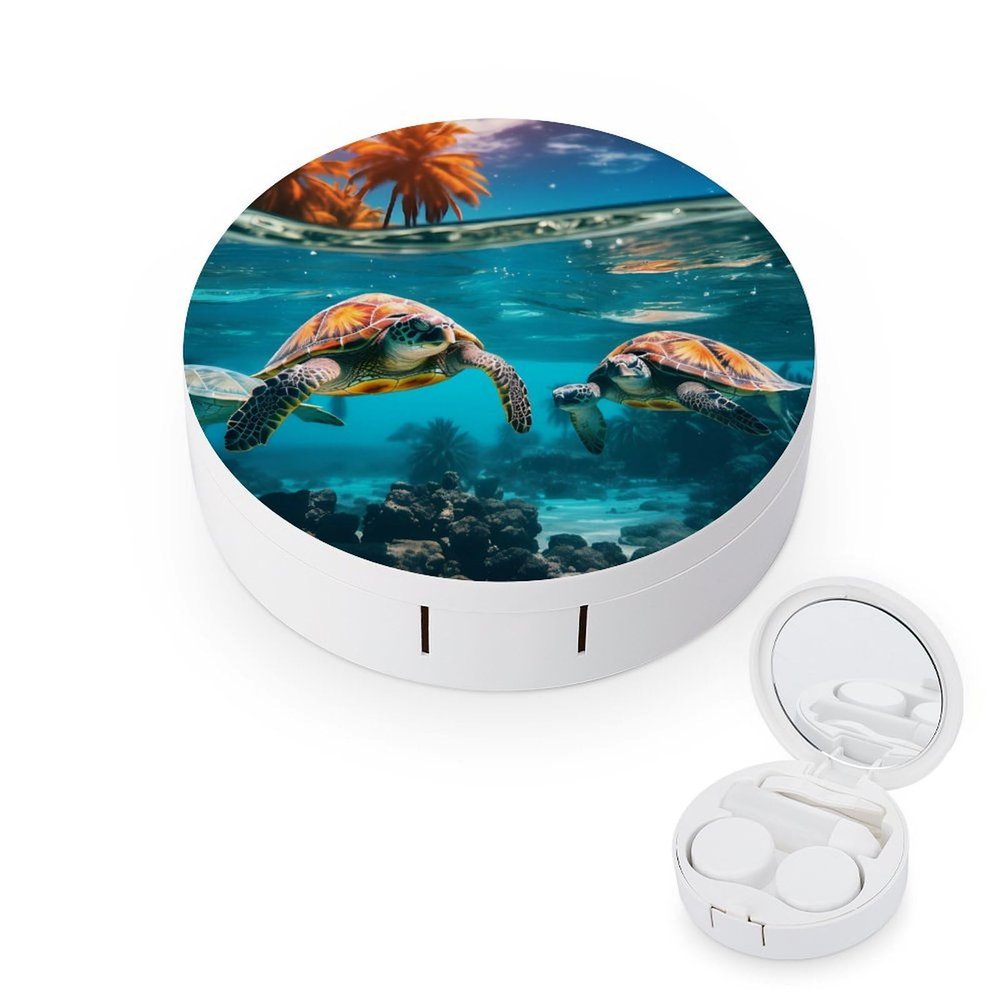 Sea Turtles and Palm Contact Lens Travel Kit Portable Cute Contact Box with Mirror for Daily Outdoor, style