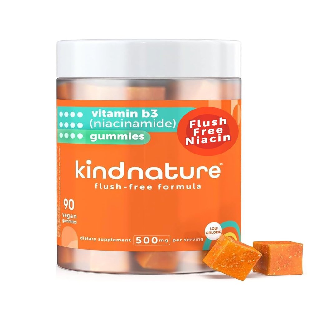 kindnature Vitamin B3 Niacin Gummies - Flush Free Niacinamide 500mg Supplement - Vegan, Non-GMO, Low-Calorie, Gluten-Free, Soy-Fee, 3rd Party Lab Tested - 1 Month Supply, 90 Chewable Gummies