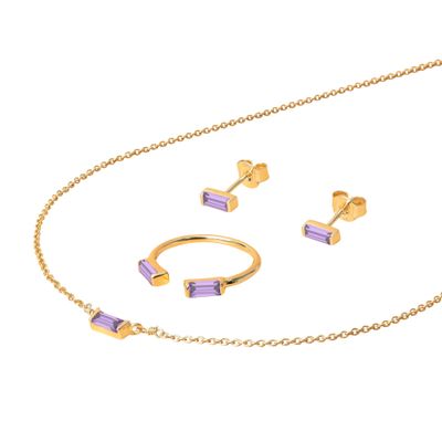 Simple Style 18K Gold Plated Lightning Crystal Rectangle Amethyst February Birthstone Necklace Jewelry Set Collection for Women (February Birthstone - Created Amethyst, 6)