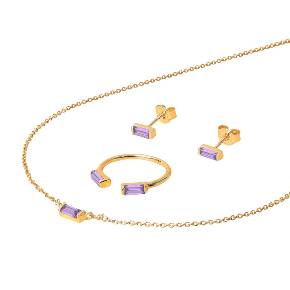 Simple Style 18K Gold Plated Lightning Crystal Rectangle Amethyst February Birthstone Necklace Jewelry Set Collection for Women (February Birthstone - Created Amethyst, 6)