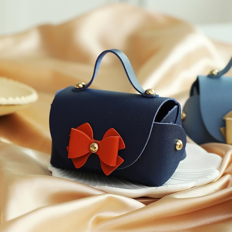 10 pack PU Leather Gift Boxes, Reusable Baby Showers Party Boxes Favor, Mini Handbag Candy Gift Box with Bowknot For Wedding Birthday Christmas Valentine's Day New Year Party Decoration, 4.7 x3 inches (Navy Blue)