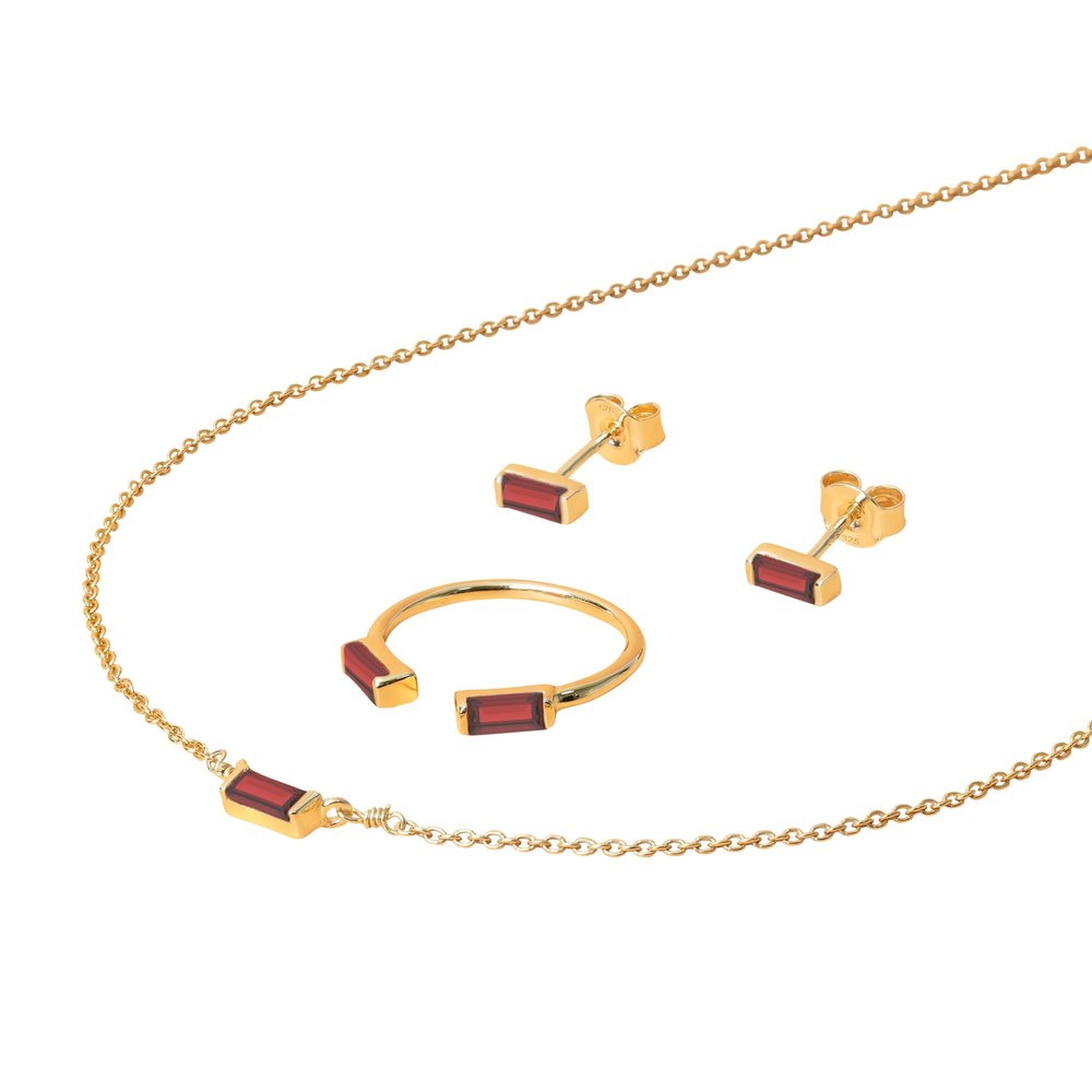 Simple Style 18K Gold Plated Lightning Crystal Rectangle Garnet January Birthstone Necklace Jewelry Set Collection for Women (January Birthstone - Created Garnet, 7)