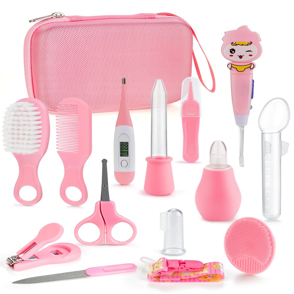 Bokhot Baby Healthcare and Grooming Kit 15 in 1, Safe Baby Grooming Kit Newborn Girl Boy Essentials, Portable Baby Care Set Nursery Shower Gift for Infant Baby Registry Search, Pink