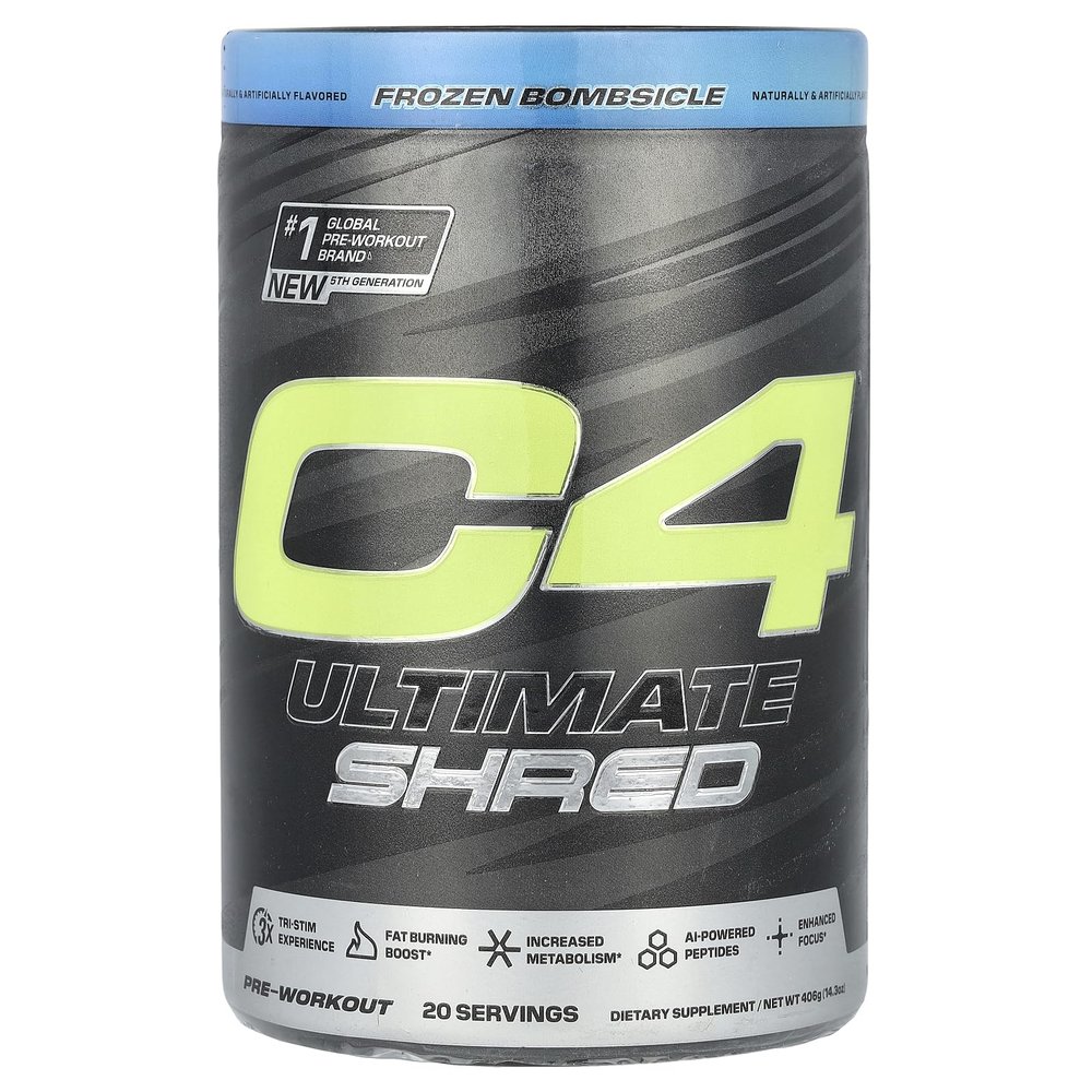 Cellucor C4 Ultimate Shred Pre Workout Powder, Metabolism Supplement with Cayenne Extract+300mg Caffeine+TeaCrine+Dynamine - Frozen Bombsicle, 20 Servings