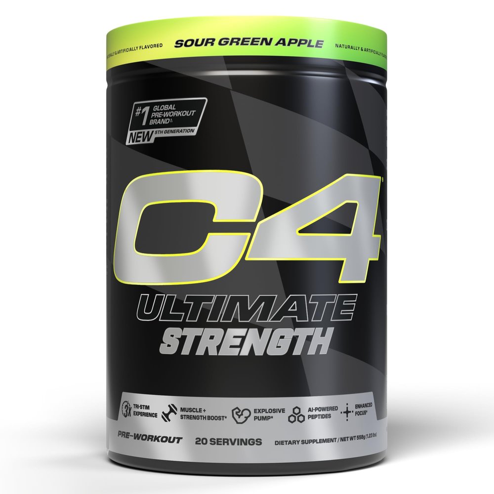 Cellucor C4 Ultimate Strength Pre Workout Powder - Tri-Stim Experience 300mg Caffeine+TeaCrine+Dynamine - Creatine & Beta-Alanine - Energy Supplement for Men & Women - Sour Green Apple, 20 Servings