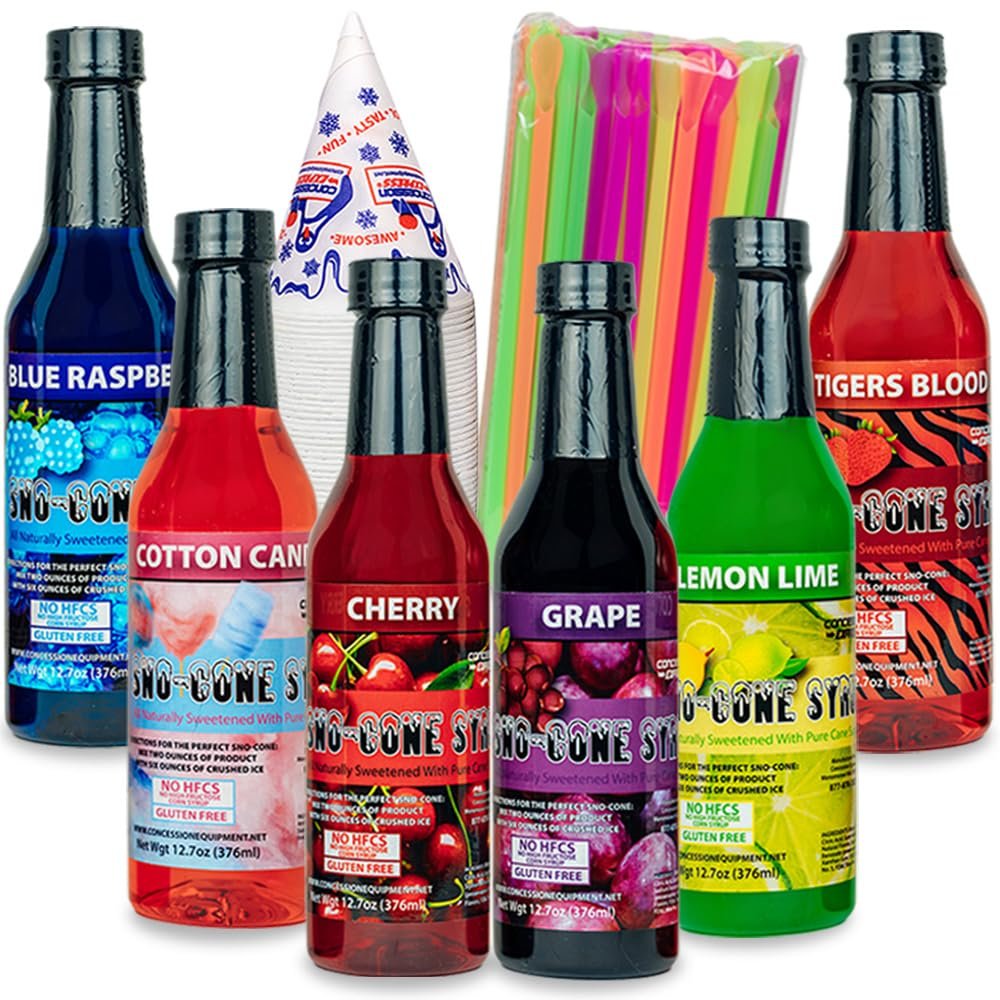 12.7oz Pure Cane Sno-Cone Syrup-No High Fructose Corn Sugar! (Six Flavor Party Kit W/Cups & Straws)