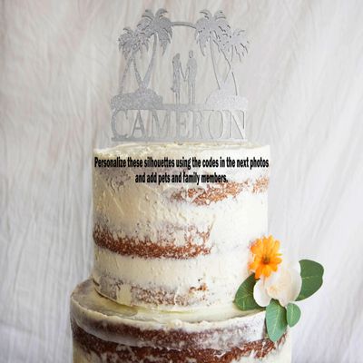 Custom Beach Wedding Cake Topper Personalized Tropical Cake Topper Couple Wedding Cake Topper Silhouette Couple Cake Topper (Primary color: Silver Glitter Shim, Cake Topper Width: 7" Wide)