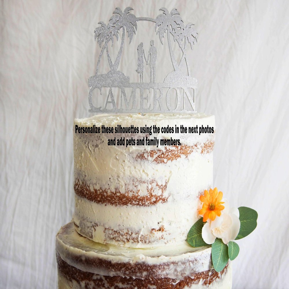 Custom Beach Wedding Cake Topper Personalized Tropical Cake Topper Couple Wedding Cake Topper Silhouette Couple Cake Topper (Primary color: Silver Glitter Shim, Cake Topper Width: 7" Wide)