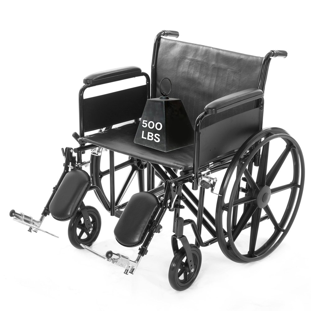 24 Inch Bariatric Wheelchair for Adults - Removable Full Length Armrests, Swing Away Footrests, Adjustable Height - 500+ lbs Capacity Extra Wide Wheelchair - Foldable