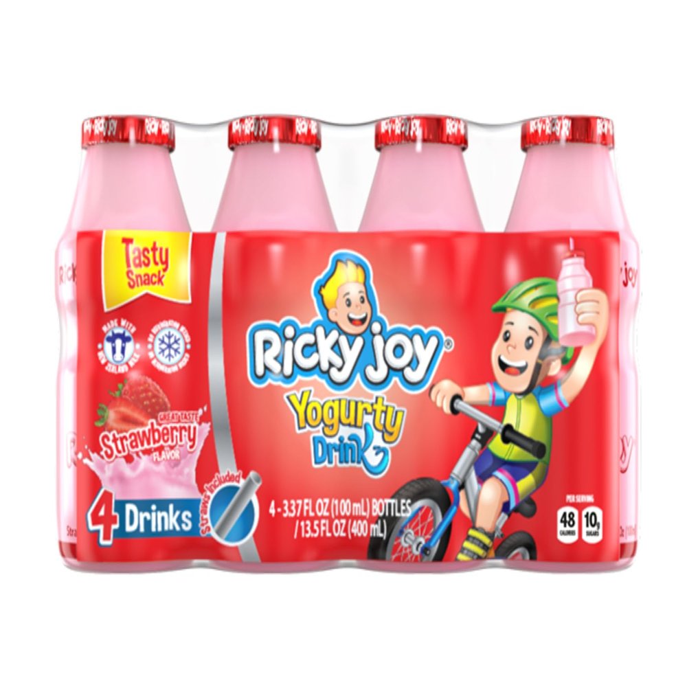 PLIS Ricky Joy Yogurty Drink, 3.37 fl oz each., 4 Bottles, Strawberry (Pack of 1)