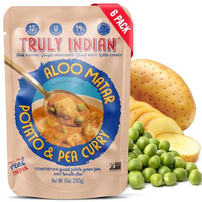 Truly Indian Potato Pea Curry (Aloo Matar) 10 Ounce 6-Pack | Authentic Traditional Indian food | Made Fresh in India With Locally Grown Ingredients | Ready to Eat, Vegan, Microwaveable Meal