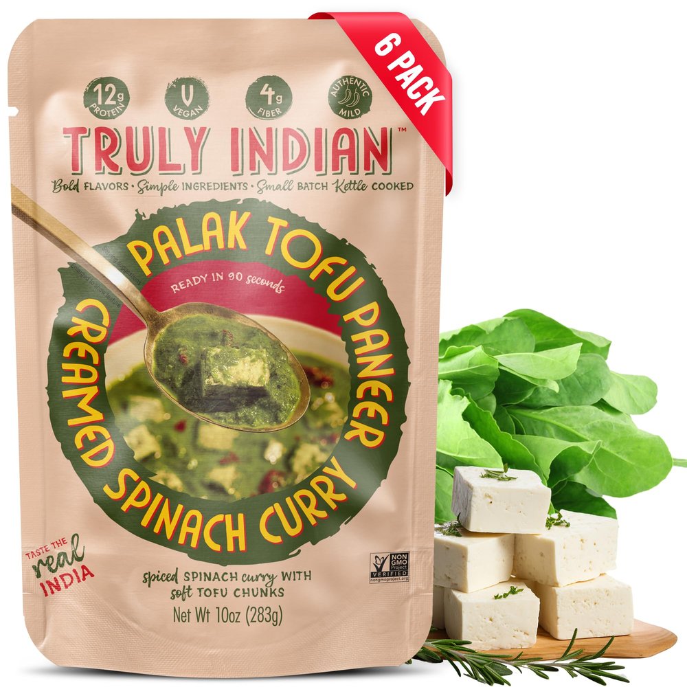 Truly Indian Creamed Spinach & Tofu Curry (Palak Tofu Paneer) 10 Ounce 6-Pack | Authentic Traditional Indian food | Made Fresh in India With Locally Grown Ingredients | Ready to Eat, Vegan