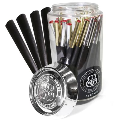Beautiful Burns, Black & Gold/MI-6 Combo, Pre-Rolled Cones 32 Count Jar, Black, Gold, Silver