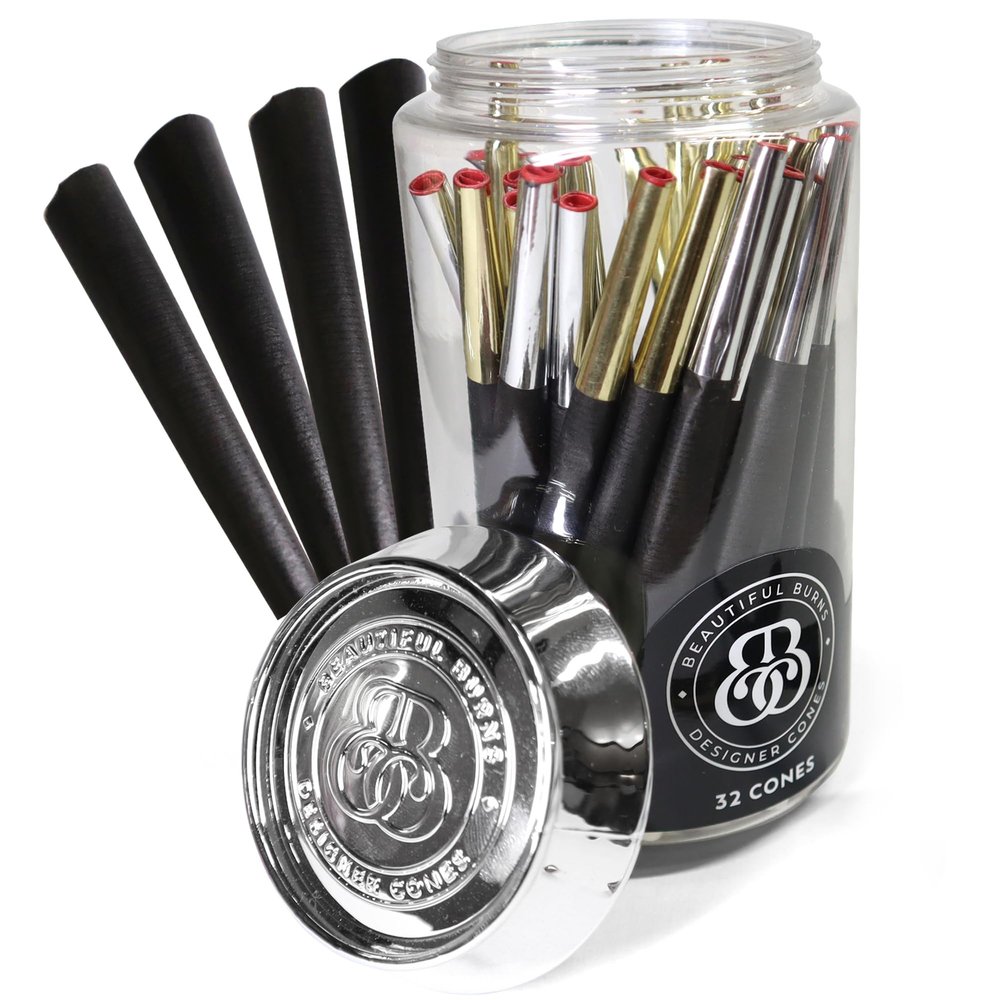 Beautiful Burns, Black & Gold/MI-6 Combo, Pre-Rolled Cones 32 Count Jar, Black, Gold, Silver