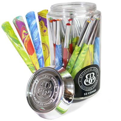 Beautiful Burns Marbled Madness Cones Rolling Paper - 32 Count Jar of 98mm Rolling Papers With Foil Tips - Fun and Easy Rolling - Pre-Rolled Cones