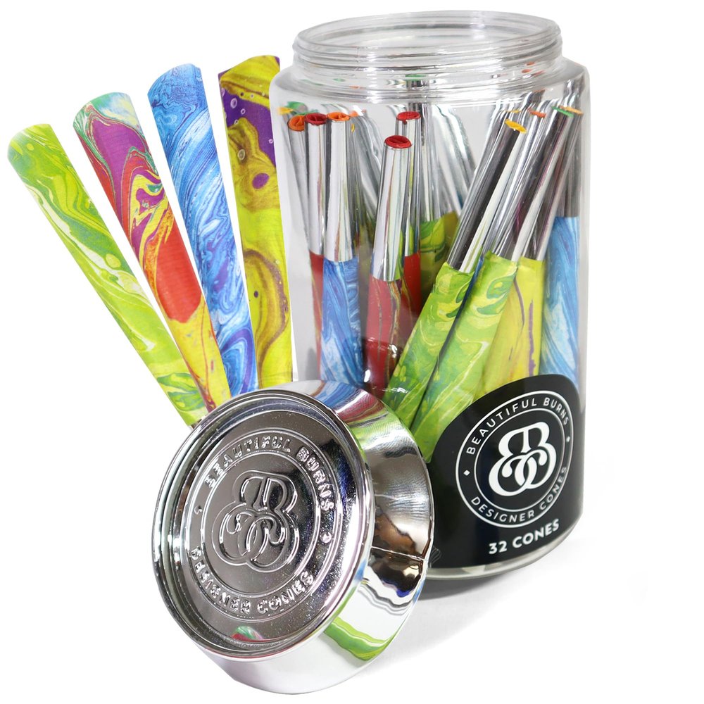 Beautiful Burns Marbled Madness Cones Rolling Paper - 32 Count Jar of 98mm Rolling Papers With Foil Tips - Fun and Easy Rolling - Pre-Rolled Cones