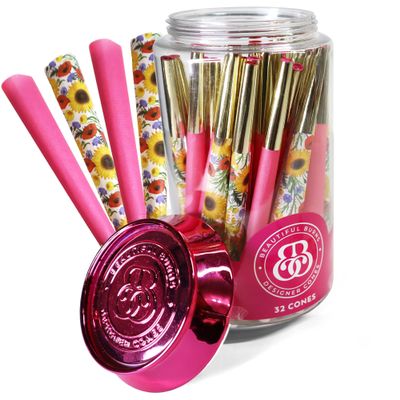 Beautiful Burns, Picnic Puff Combo, Pre-Rolled Cones 32 Count Jar, Pink, Gold, Yellow, Red