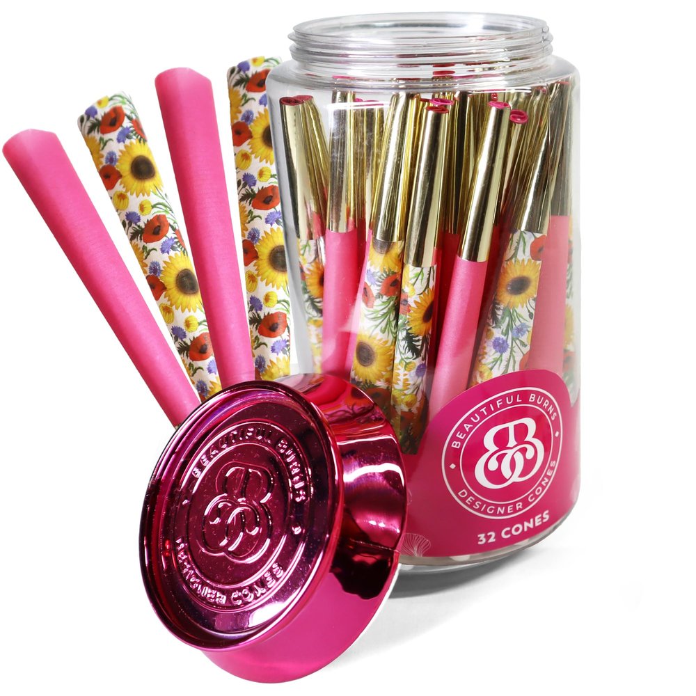 Beautiful Burns, Picnic Puff Combo, Pre-Rolled Cones 32 Count Jar, Pink, Gold, Yellow, Red