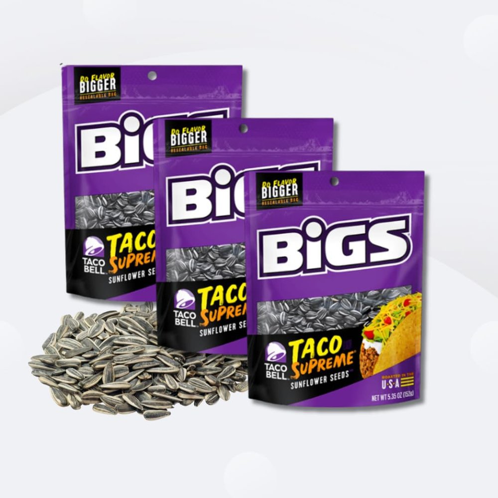BIGS Multipack Sunflower Seeds Easy Travel Snacks for Sport (3 PACK, Taco Supreme) Intrepid Collective Packaging with Baseball Sticker 5.35oz/152g