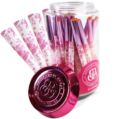 Beautiful Burns La Vie En Rose Cones Rolling Paper - 32 Count Jar of Pre Rolled Cones, 98mm Long Rolling Paper With Foil Tips - Individual Straw For Shape Retention